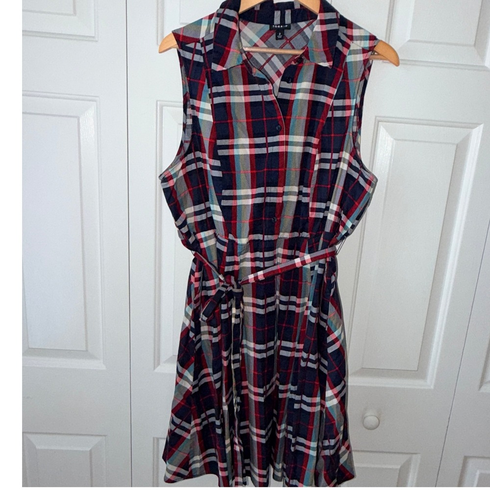 Torrid Womens Plus Size 2 Navy Red Plaid Sleeveless Button Front Belted Dress